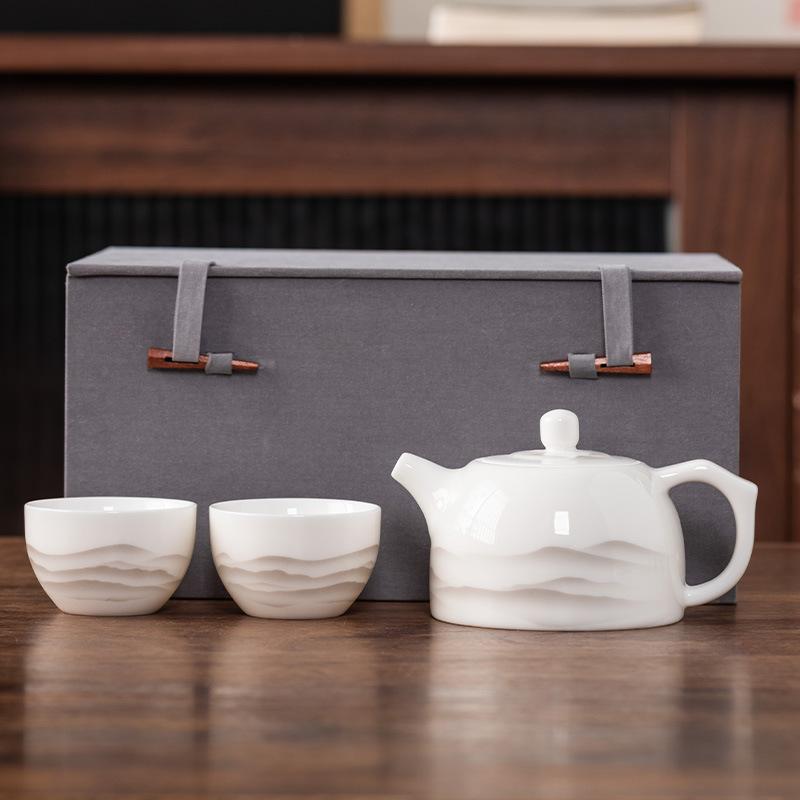 Beam Pot One Pot and Two Cups Suet Jade Porcelain Light Luxury Kung Fu Tea Set Kuaike Cup High-end Brocade Box Gift Box