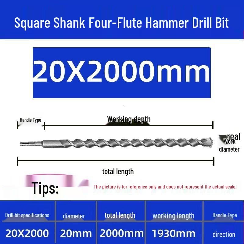 Extended Electric Hammer Drill Bit, Square & Round Shank, for Concrete Piercing - Available in 500mm to 2m Lengths