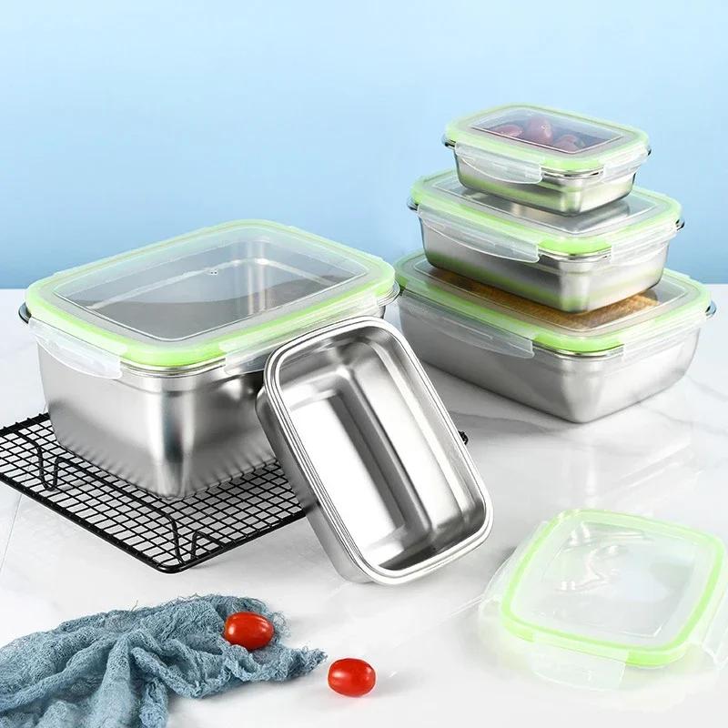304 Stainless Steel Fresh-keeping Box Fruit Box with Lid Dumpling Container Refrigerated Storage Case Leakproof Sealed Container