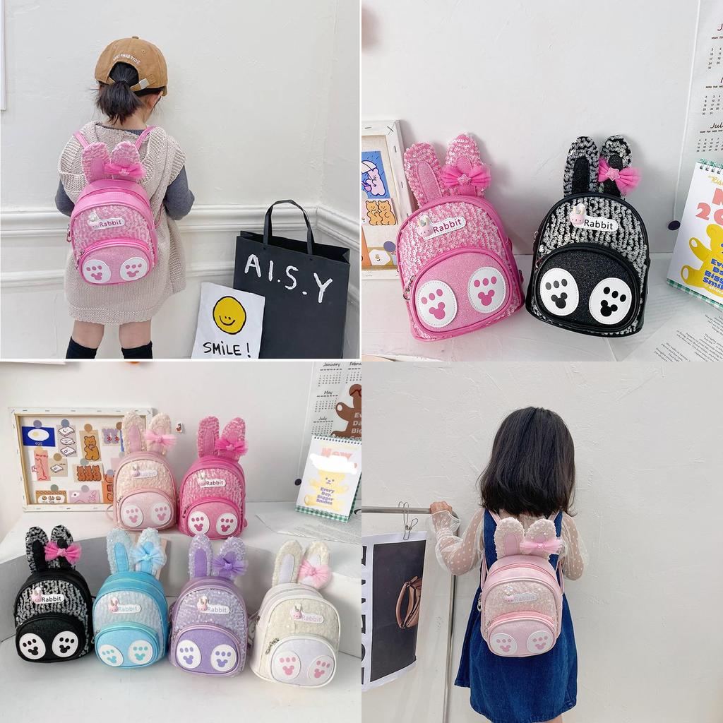 Adorable Bunny Ear Cartoon Kids Backpack Stylish Korean Design Sequin Pu Material