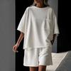 2026 Women's Casual Summer 2 Piece Outfit Short Sleeve Crew Neck Tee with Elastic Waist Lounge Shorts Set