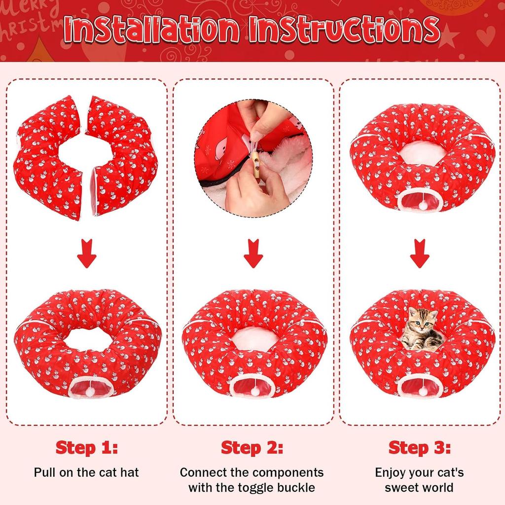 Cat Tunnel with Christmas Tree Skirt, 35.8'' Foldable Kitty Pipeline for Kittens & Small Pets, Xmas Festive Hanging Ball Decorat