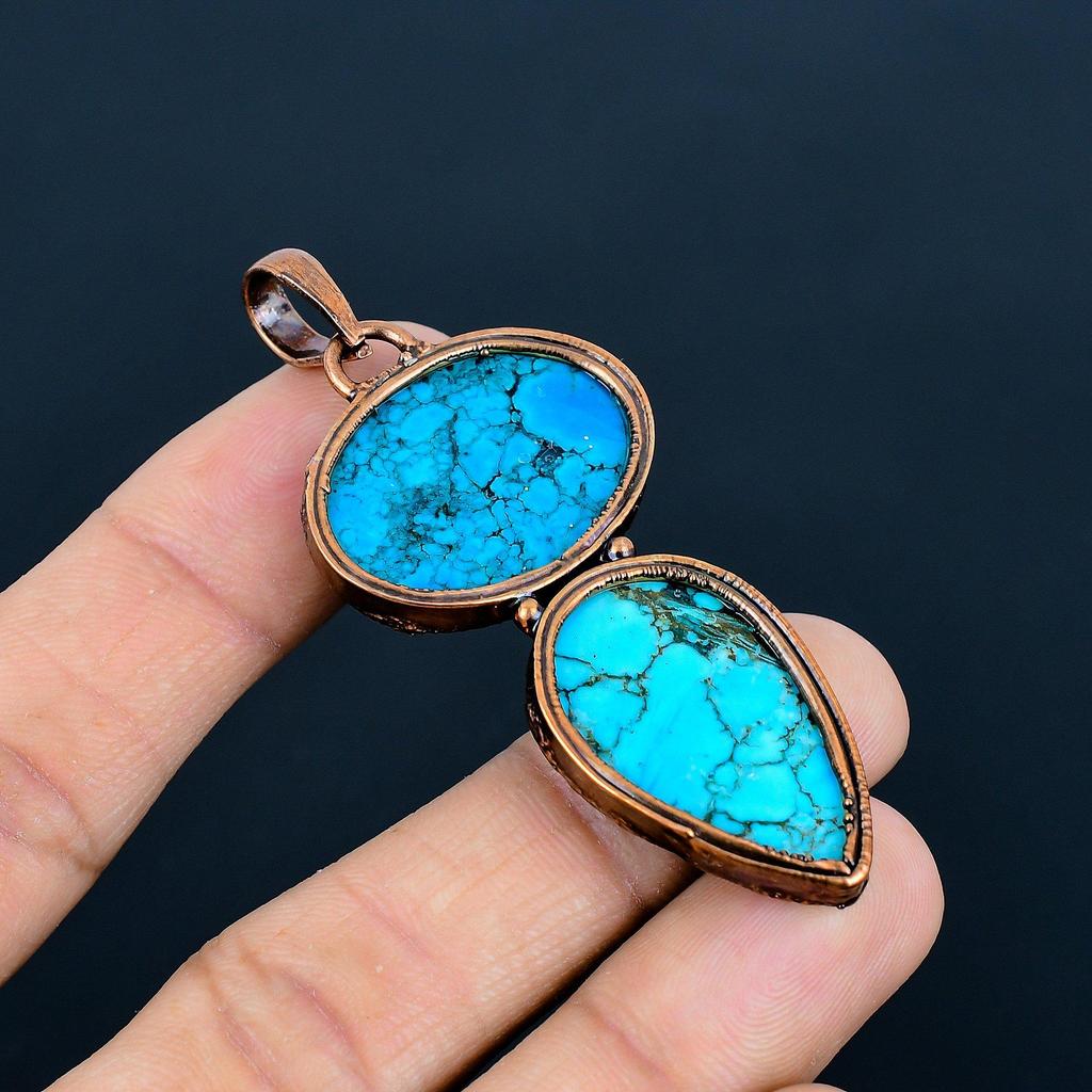 Blue Turquoise Handmade Gemstone Pendant, Copper Electroformed Antique Jewelry Pendant, For Engagement Gift