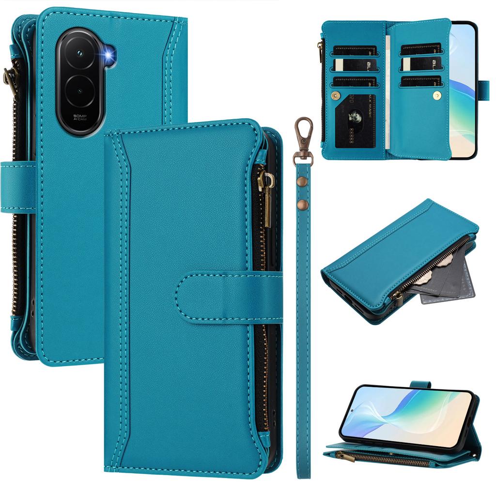 For Xiaomi Poco M7 Plus 5G/M7 4G (169mm) Leather Case 9 Card Slots Zipper Wallet Stand Phone Cover with Wrist Strap