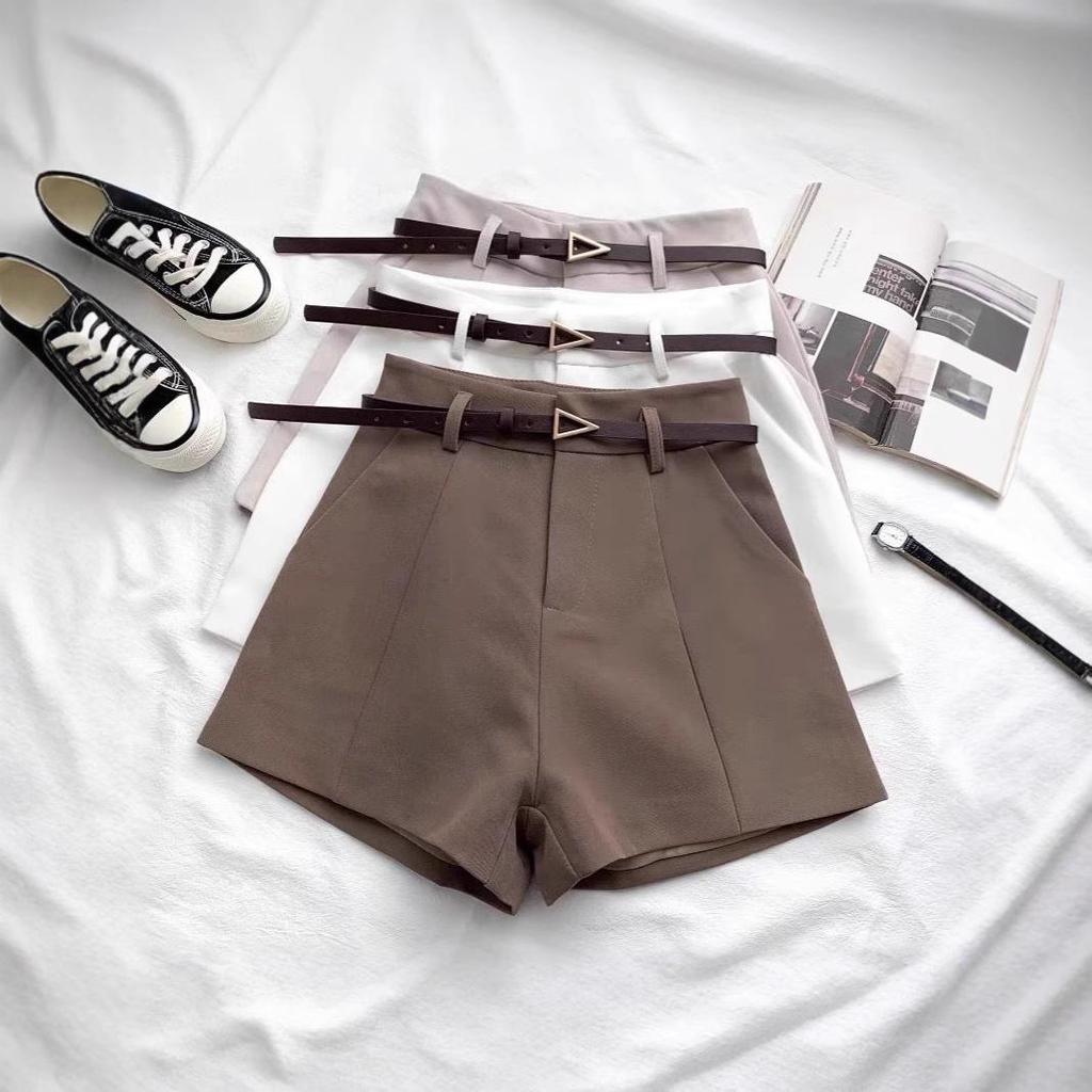 Spring 2025 Women's Apricot Belted Wide-Leg A-Line Suit Shorts - Versatile and Slimming Casual Outerwear