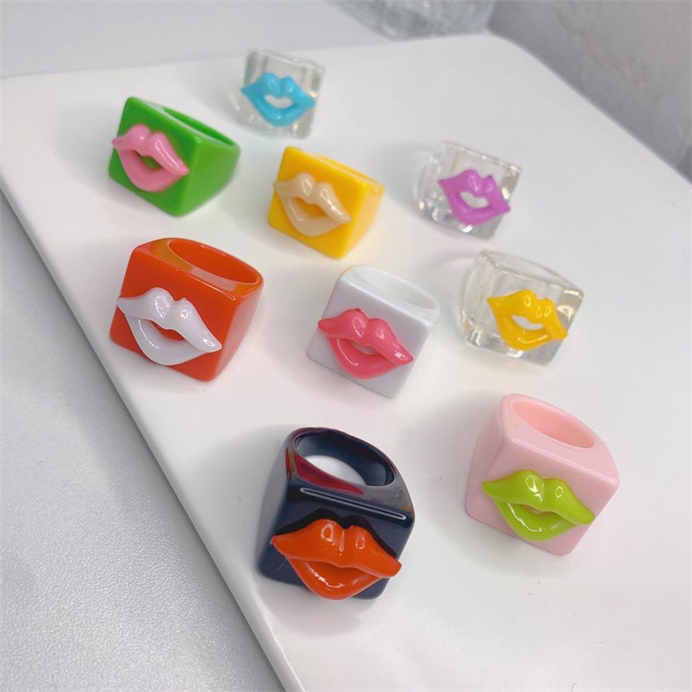 New Personality Acrylic Geometric Square Punk Resin Rings Lips Fashion Jewelry Finger Ring