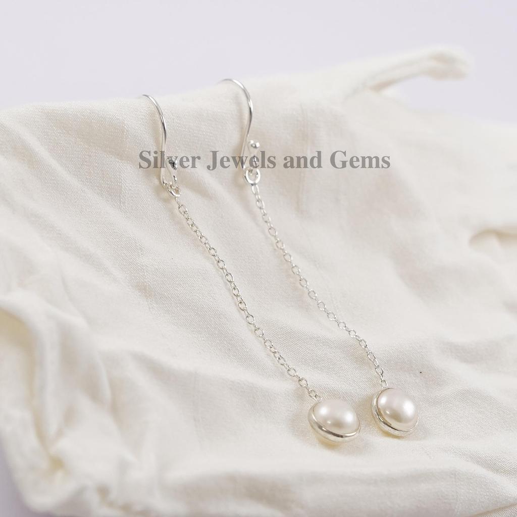 Sterling Silver Pearl Threader Earrings, Freshwater Pearl Dangle Earrings, Minimalist Bridal Jewelry, Elegant Pearl Drop Earrings