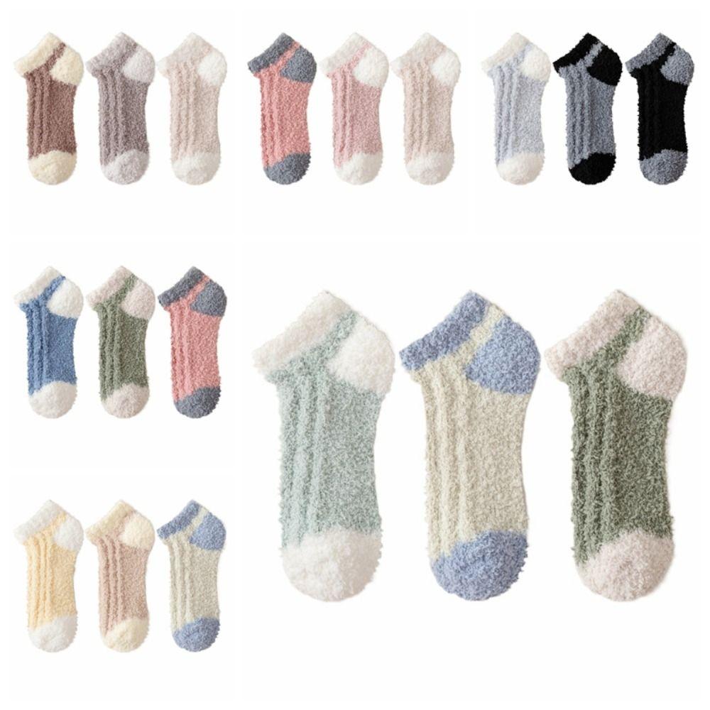 3Pairs Thickened Coral Fleece Socks Patchwork Warm Boat Socks Women Kawaii Floor Plush Socks  Winter