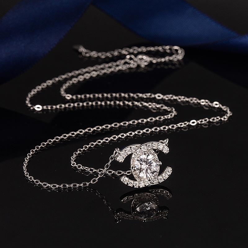 Damen Doppel-C Sterling Silber Moissanit Halskette, S925, D-Farbe, 1 Karat, Duft-Stil