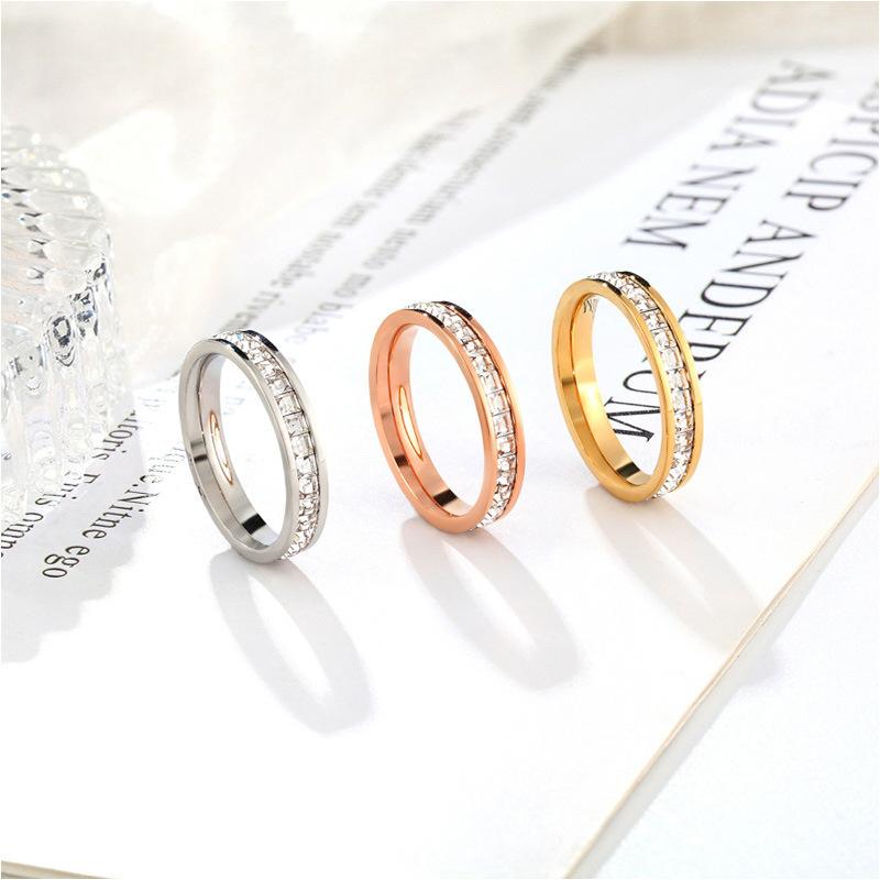 Double Row Full Diamond Sugar Cube Ring Female Gypsy Star Simple Ring Titanium Steel Electroplated Jewelry