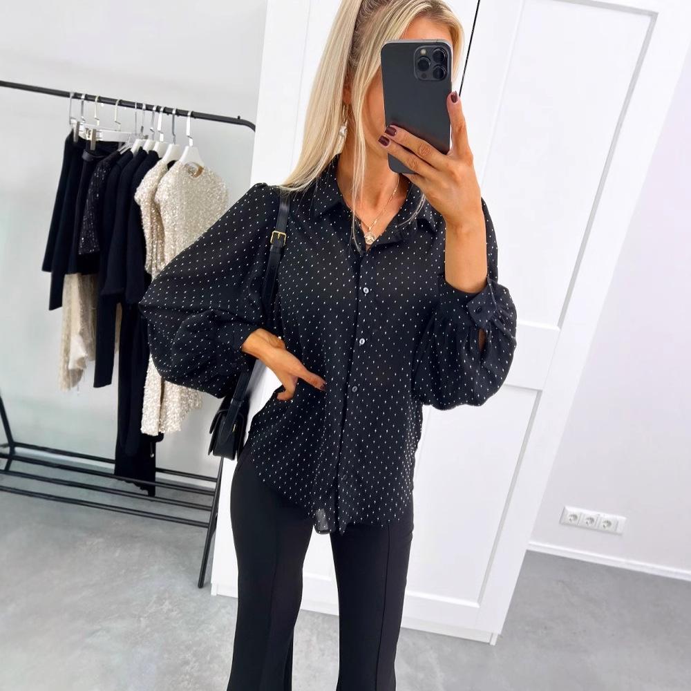 

VEZFAA Женская мода повседневная весна-осень с принтом в горошек, длинные рукава, воротник-поло, блузки и рубашки XXL чёрный