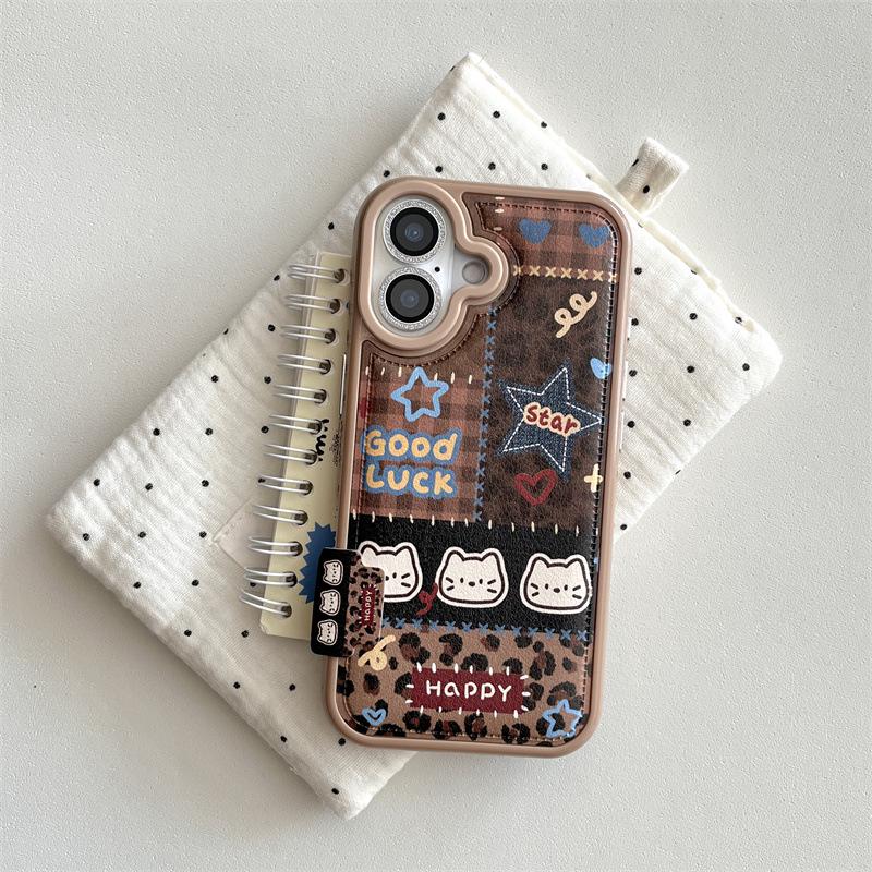 Braune Karo-Stern-Kätzchen-Handyhülle im japanischen & koreanischen Stil - Passend für iPhone17, 16ProMax/15/14
