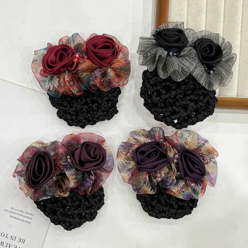 Women Hair Bun Cover Net Snood Hairnet Bow Barrette French Hair Clip Bow Ribbon Flower Hair Accessories For Banks Hotels Staff