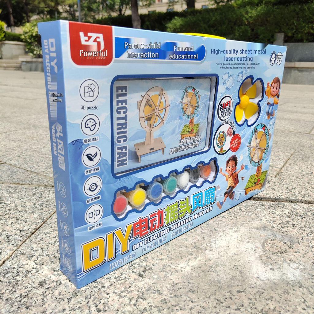 Handmade DIY Electric Shaking Head Fan: Children's Educational 3D Wooden Coloring Toy and Model Kit Set.
