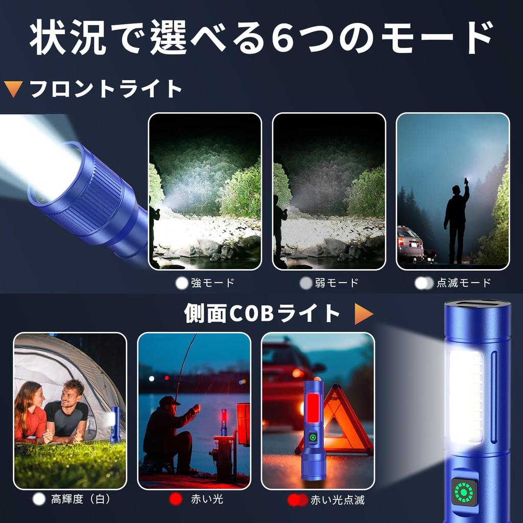 Flashlight Latest Enhanced Version Luminous Torch LED Light White and Red COB Work Light 6 Modes Dimming Maximum Illumination Distance 500m High