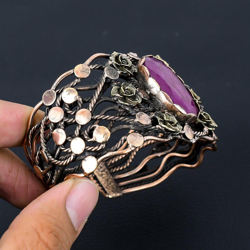 Kashmiri Red Ruby Gemstone Pure Copper Wire Wrapped Handmade Cuff/Bangle Jewelry