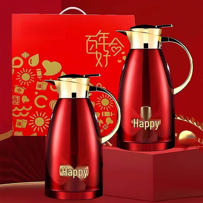 Stainless Steel Red Thermos Gift Set: Wedding Pair Hot Water Bottles
