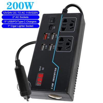 Inverter per Auto 200W Caricabatterie USB/PD/Type-C Convertitore da DC 12V/24V ad AC 110V/220V Spina EU/US Adattatore di Alimentazione con Protezione da Sovraccarico 8 Porte Prese