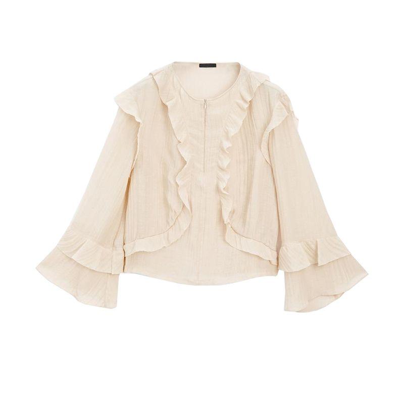 

MD Summer New Product Women s Clothes Wave Style French Romantic Ruffles V Neck Long Sleeve Shirt Top 0518195 Beige L