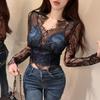 Vintage Simple V-neck Lace Hollow Out Blusas Mujer  Summer Slim Fit Shirts Women Mesh Long Sleeve Bluses