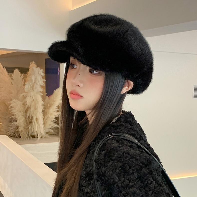 Autumn and Winter Hat Women's New Plush Cap Fashionable Warm Windproof Ear Hat Imitation Fur Octagonal Hat
