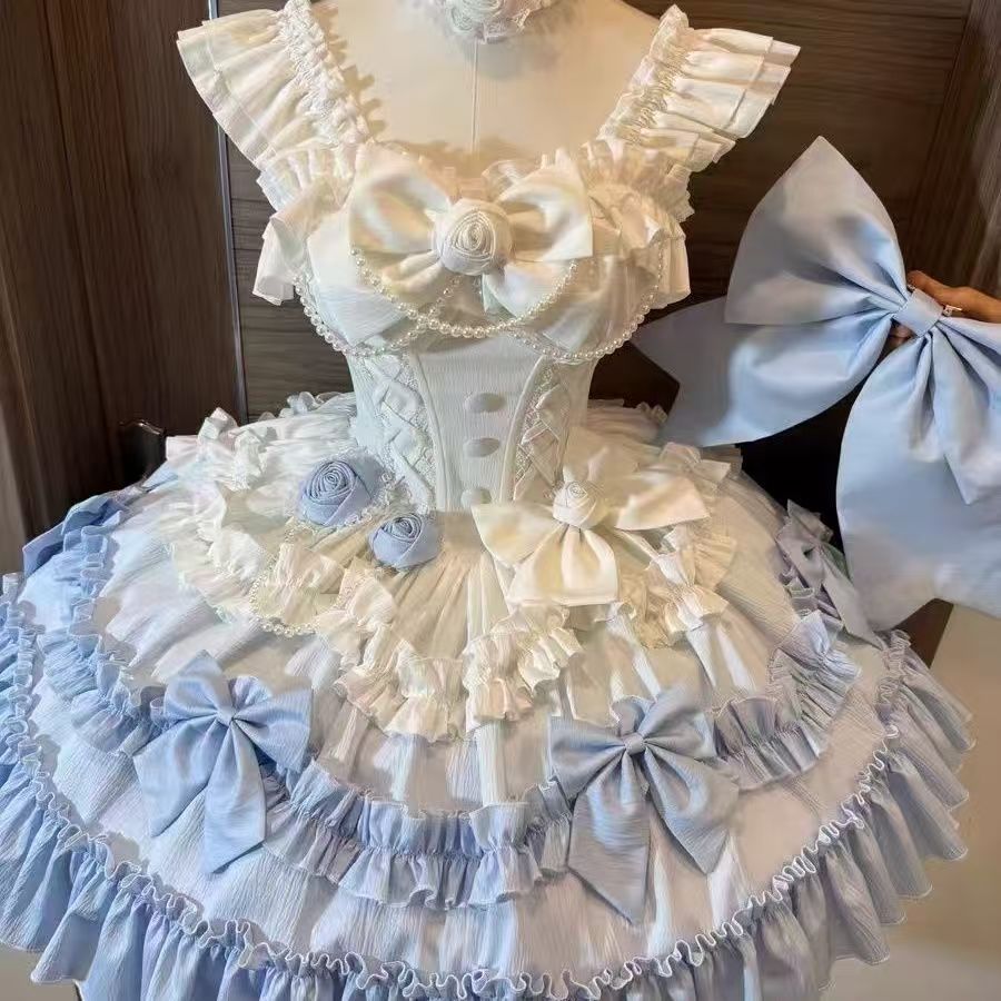 

Sweet Lolita Young Girls Lolita Fashion Handmade Couture Frilly Dress Princess Core Women Boutique Wedding Party Costume XS небесно-голубой