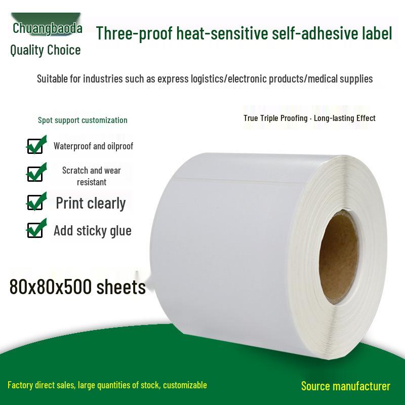 Durable Thermal Label Paper, 80x80mm, 500 Sheets - Adhesive Labels for Thermal Printing Yes