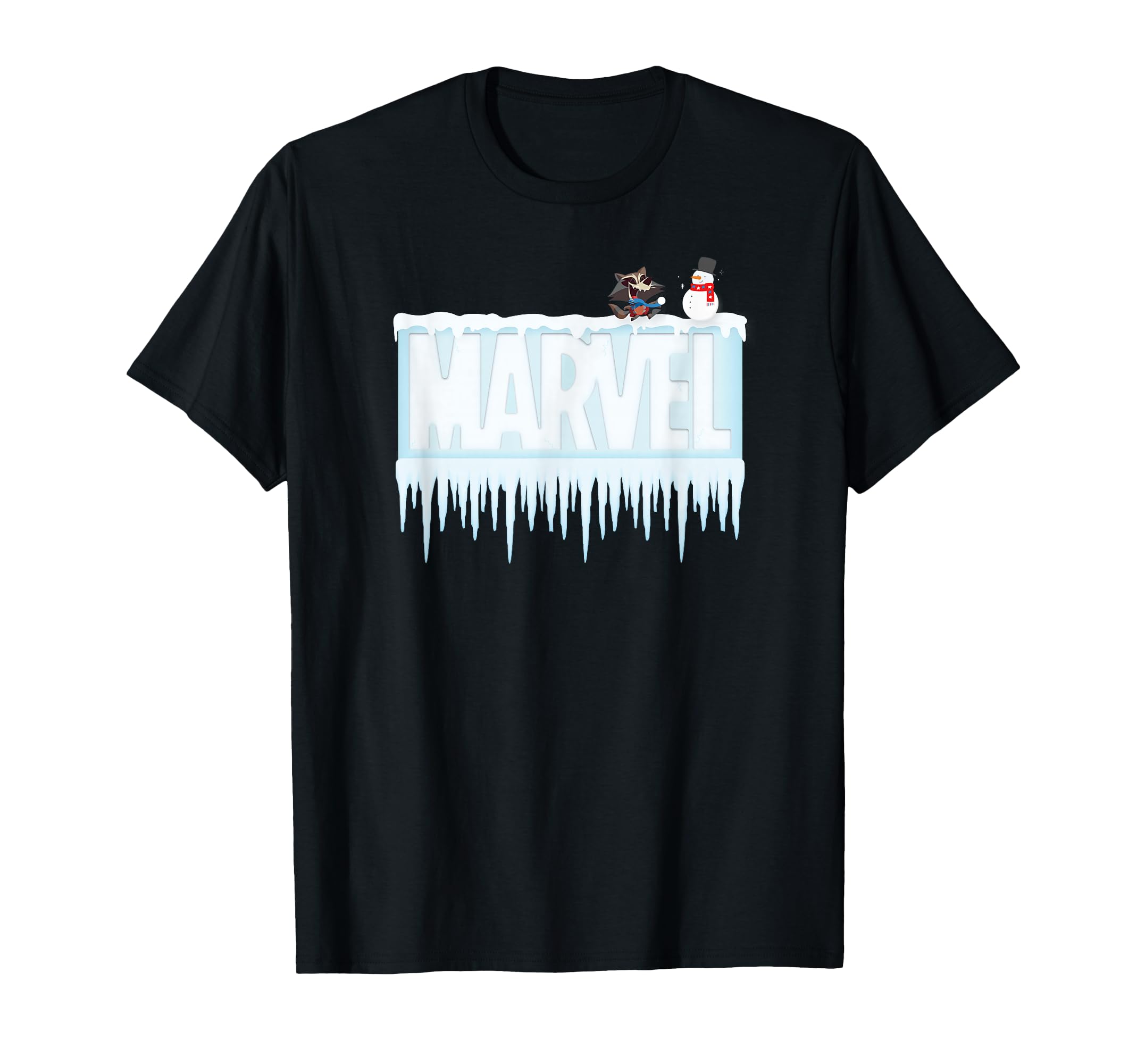 

Marvel Holiday Snow Logo Rocket Raccoon and Snowman T-Shirt