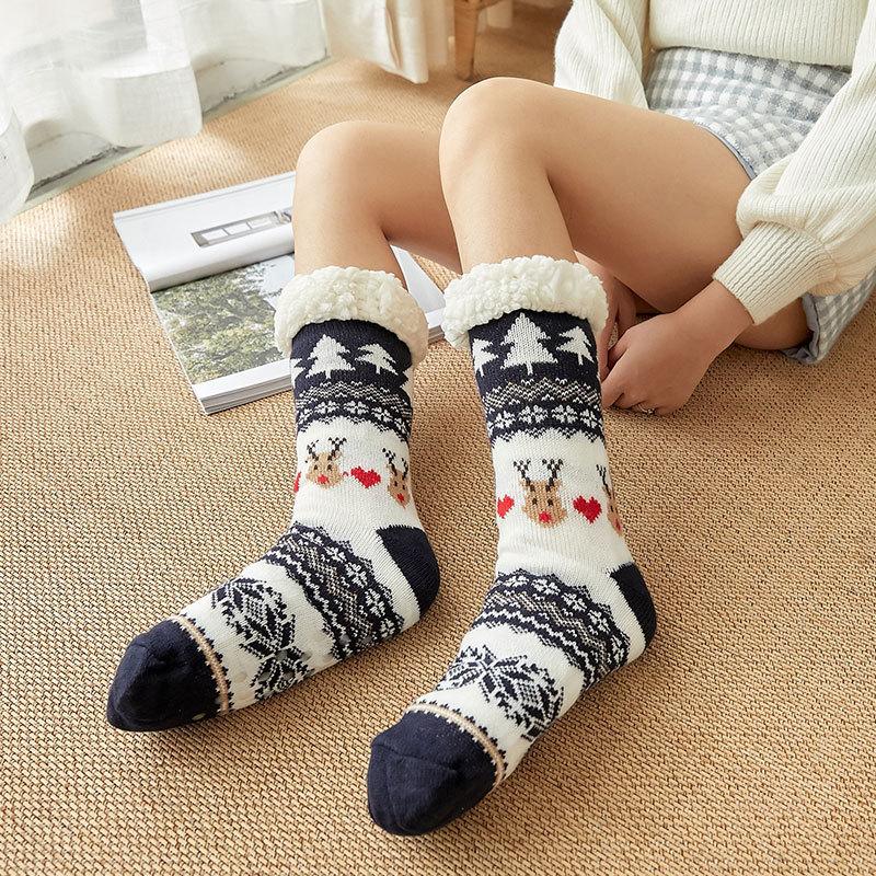 Women's Winter Velvet and Thick Christmas Glue Non Slip Home Sleeping Moon Floor Socks