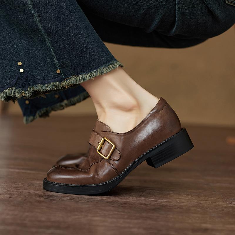 Fashion 2025 New Vintage Women Pumps Genuine Leather Round Toe Retro Style Belt Buckle Shoes Woman Spring Summer Basic Office Lady Pumps