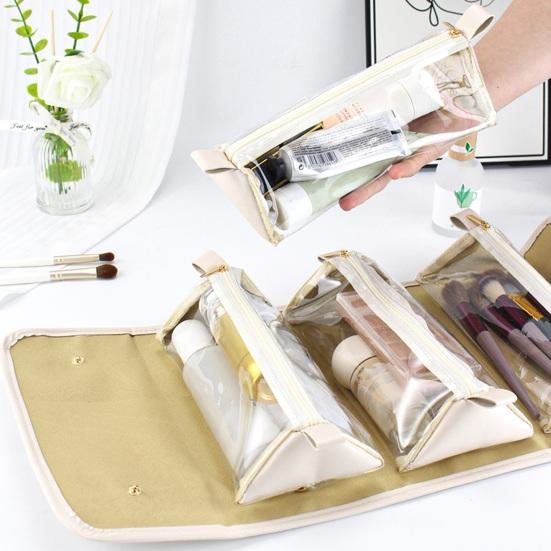 

Foldable Cosmetic Bag Detachable 4 Separate Bags 180-Degree Opening Design 4 in 1 Faux Leather with Handle Portable Large Capacity Bag Organizer коричневый