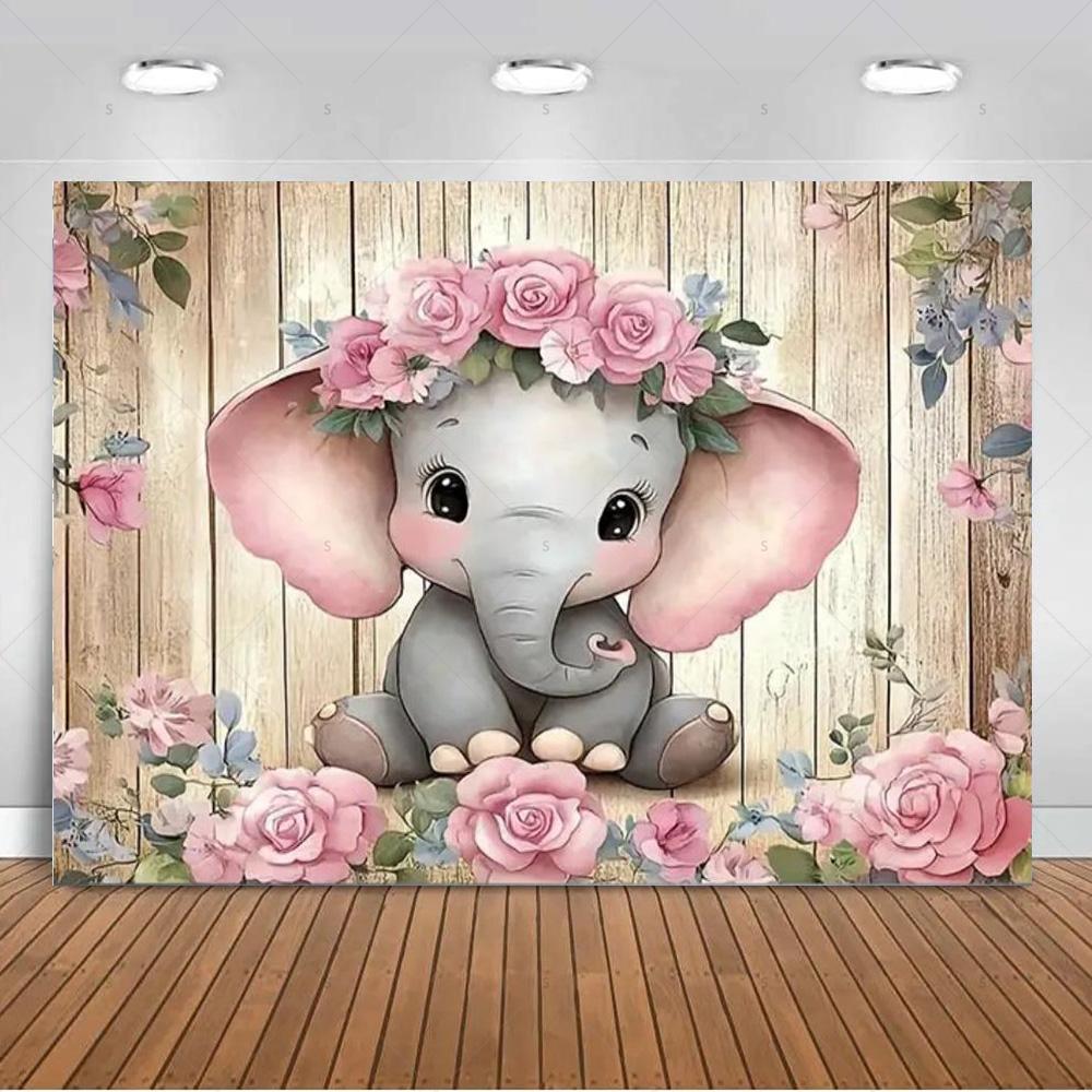 Cartoon Elephant Flower Photography Backdrop Kids Birthday Party Decor Background Baby Shower Supplies Newborn Photo Shoot Props