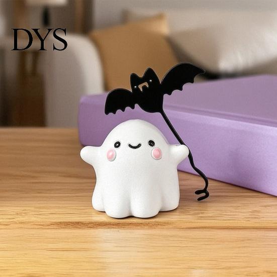Cute Resin Ghost Statue Walking Dog Figurine, Holding Bat Balloon Statue, Spooky Halloween Room Decor Desktop Decor, Mini Stable Base Tabletop