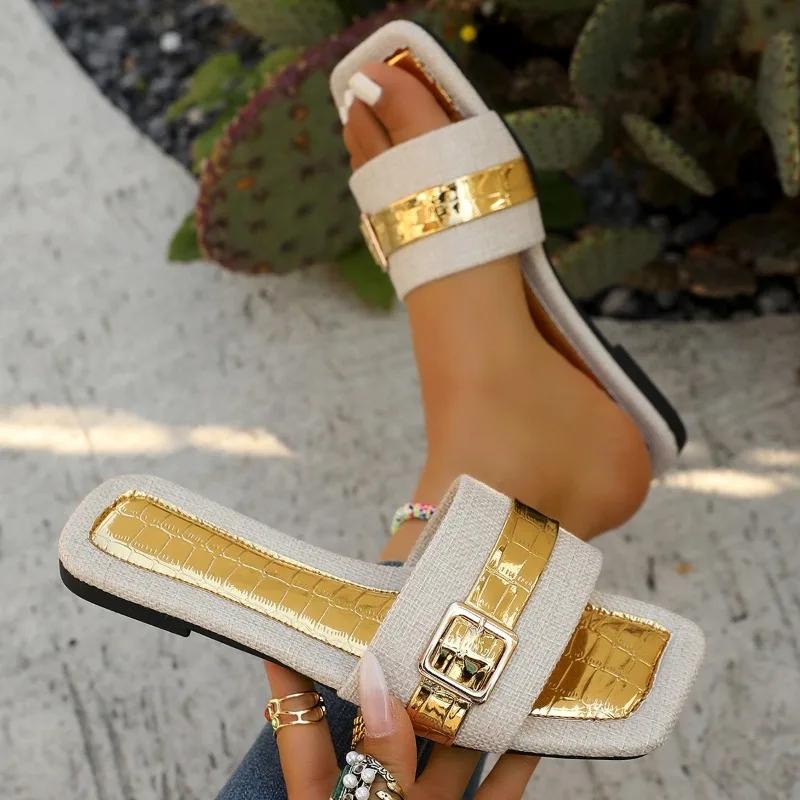 2025 Summer New Women's Open Toe Slippers Outdoor Mixed Color Square Toe Buckle Flat with Sandals Plus Size Daily Beach Slippers