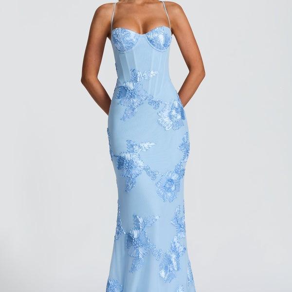 Temperament suspender dress slim French halter solid color long dress flower decoration evening dress women's high-end banquet dress