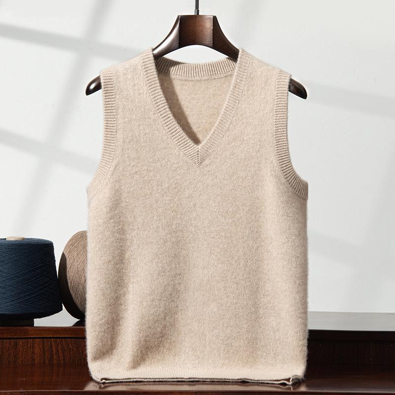 Men's Cashmere V-Neck Sleeveless Vest - Double-Strand, Thick Solid Color Tank for Business Casual Layering