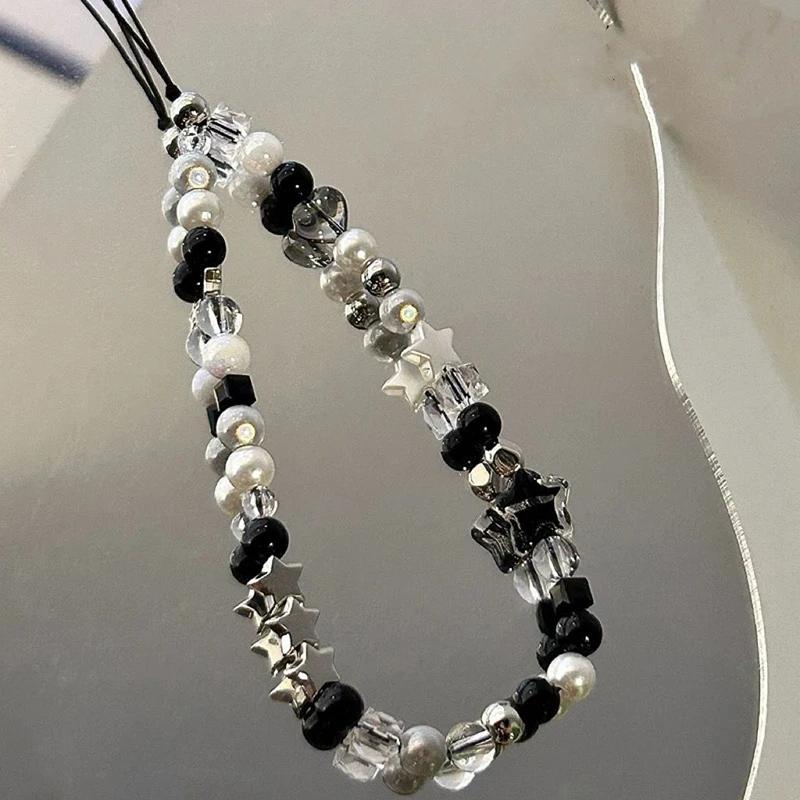 Ins-style Ice-transparent Star Phone Lanyard, Cool Black Diy Beaded Camera Chain Anti-loss Lanyard, High-end Style Lanyard