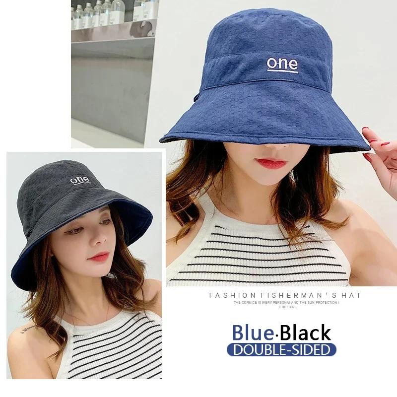 Korean Style Breathable Versatile Double-Sided Bucket Hat Japanese Letter Sun Protection Sun Hat With Large Brim Sun Hat