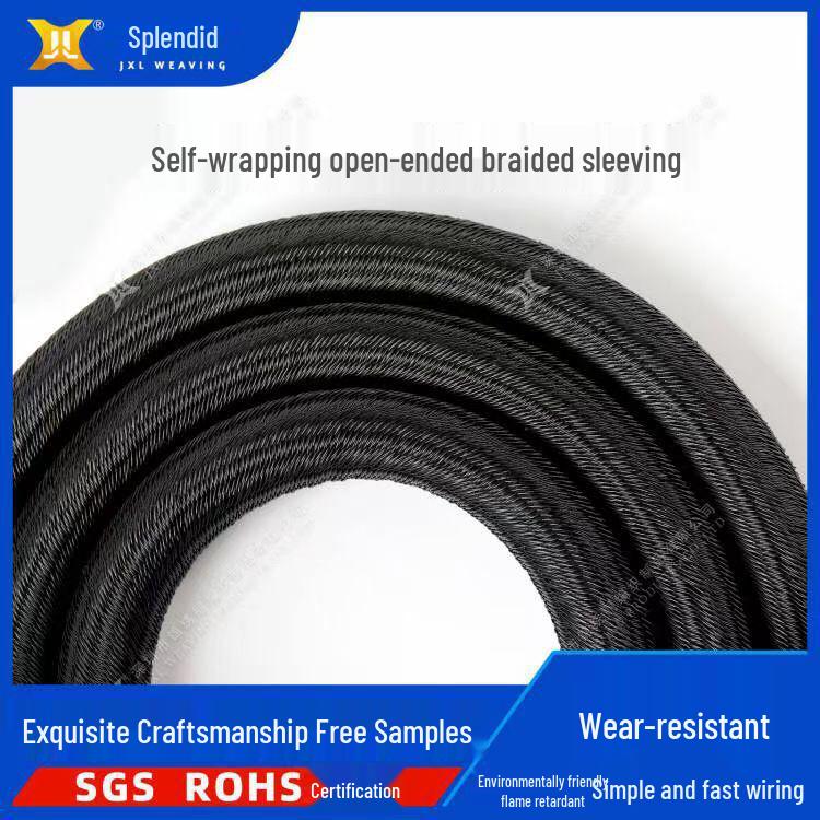 Black Flame Retardant PET Nylon Self-Wrapping Braided Mesh Tubing with Snake Skin Pattern, 10MM.