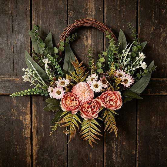 16 Inch Artificial Rattan Wreath with Flowers Lifelike Faux Hydrangea Wreath for Spring Summer Indoor Outdoor Home Wall Porch Farmhouse Decor