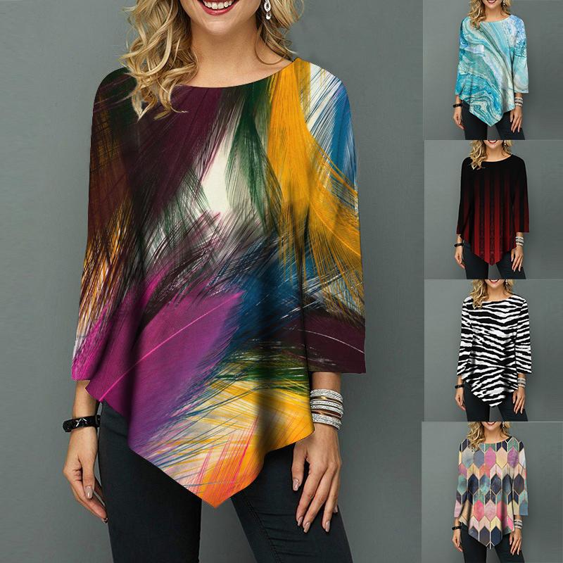 

Осенняя женская блузка в стиле бохо с рукавом 3/4, рубашка с граффити и цветочным принтом, свободный женский пуловер, топы, модная повседневная нерегулярная уличная одежда