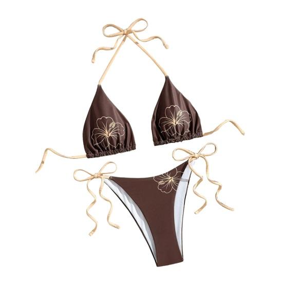 

2Pcs/Set Women Bikini Set Adjustable Halter Strap Bikini Bra Bow Tie Swimming Briefs Set Summer Vacation Party Swimwear L кофейный