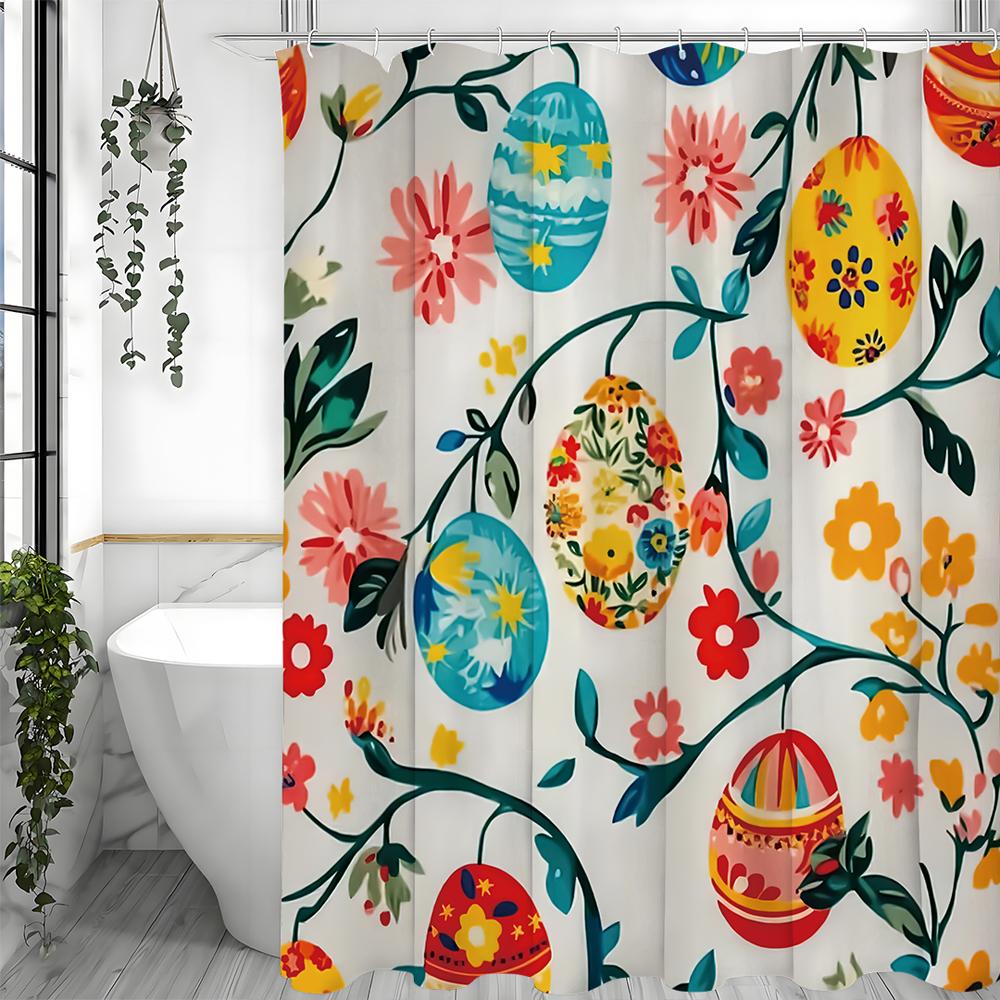 Easter Egg Floral Shower Curtain, Bathroom Decorative Shower Curtain, Waterproof Shower Curtain with Hooks