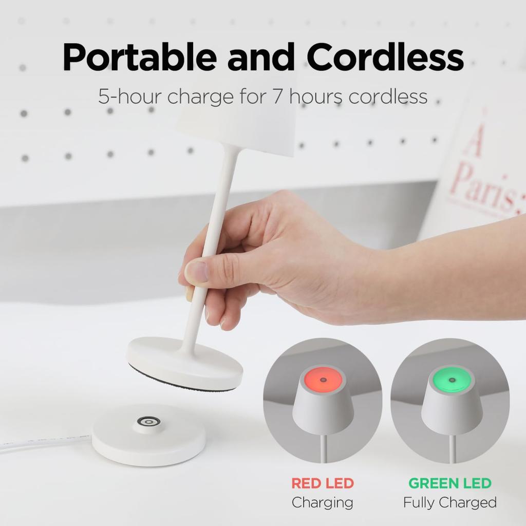 Mooas Cordless Table Lamp, Small Portable Rechargeable LED Desk Lamp with 3-Color Dimming, Touch Mood Night Light for Reading, Bedroom, Living Room,