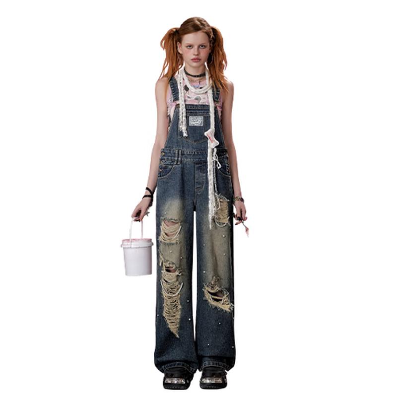 

UNIFREE American Retro Ripped Washed Denim Overalls L