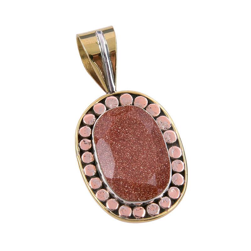 Natural Sunstone Gemstone 925 Solid Sterling Silver Two Tone Pendant 1.50" h5m37