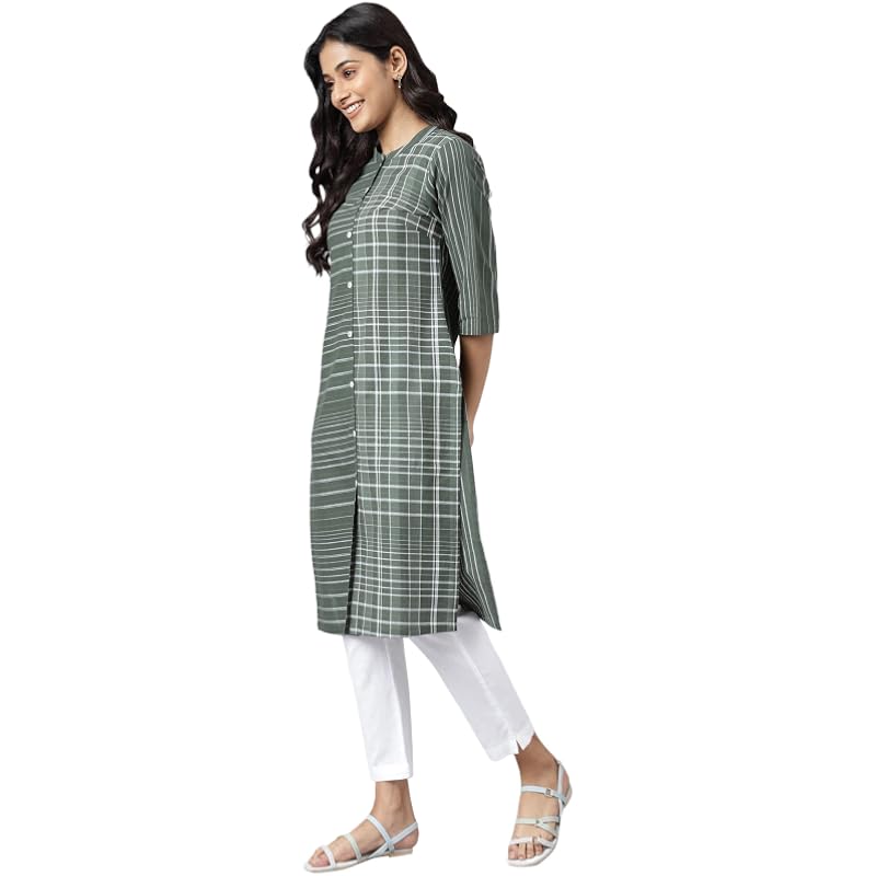 Aurelia Women Mehendi Green Dobby Geometric Yarn Dyed Straight Kurta_22AUA13368-703591_S