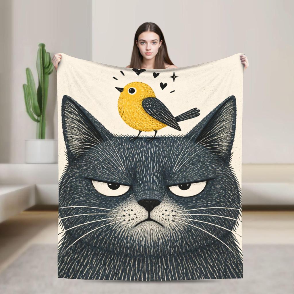 Grumpy Black Cat Flannel Blanket, Funny Bird Illustration, Cozy Room Decor