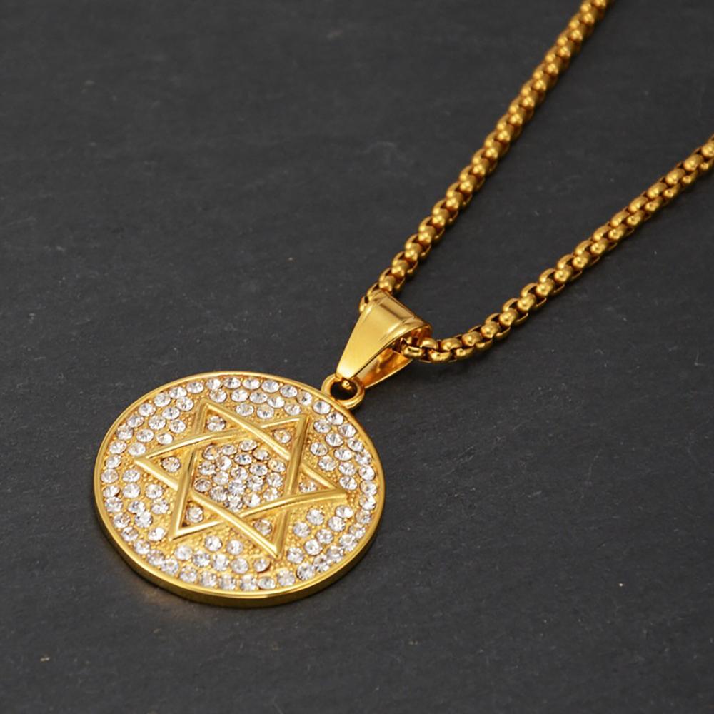 Hip Hop Iced Out Star of David Pendant Gold Color Stainless Steel Hexagram Necklaces For Men Women Jewish Jewelry Birthday Gift