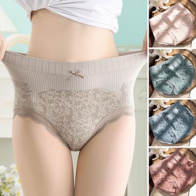 Women Panties Lace High Waist Flower Print Tummy Control Postpartum Bow Decor Soft Anti-septic Stretchy